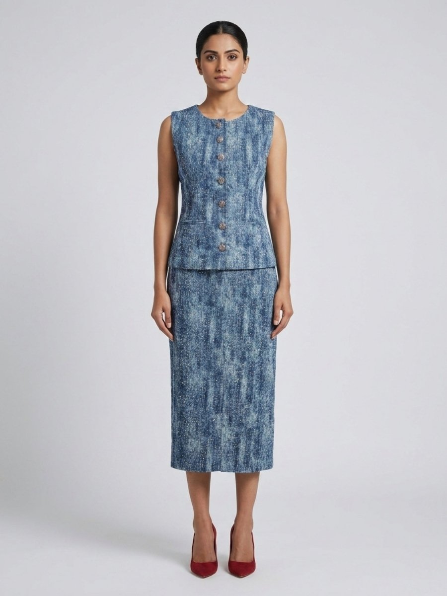 Dark Blue Embellished Blazer Co - Ord Set - GAIIA