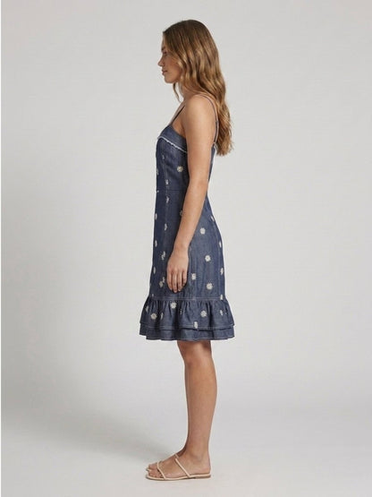 Dark Blue Floral Embroidered Satin Midi Dress - GAIIA