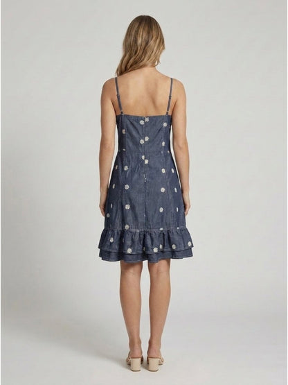 Dark Blue Floral Embroidered Satin Midi Dress - GAIIA