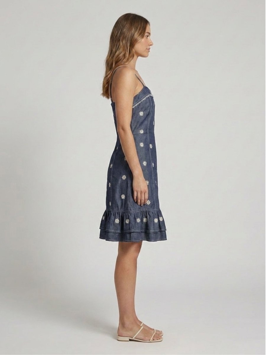 Dark Blue Floral Embroidered Satin Midi Dress - GAIIA