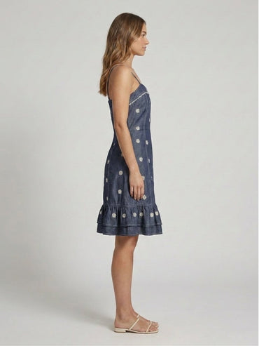 Dark Blue Floral Embroidered Satin Midi Dress - GAIIA