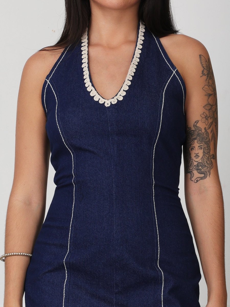 Dark Blue Solid Halter Neck Denim Mini Dress - GAIIA
