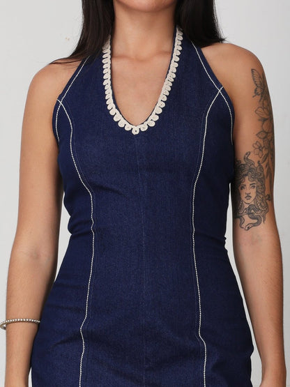 Dark Blue Solid Halter Neck Denim Mini Dress - GAIIA