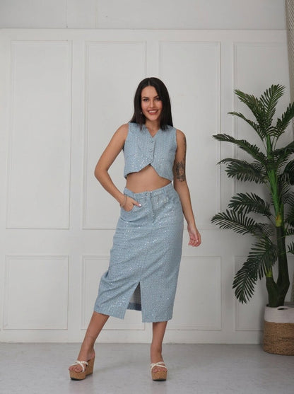 Embellished Crop Blazer With Skirt | Co-Ord Set - GAIIA