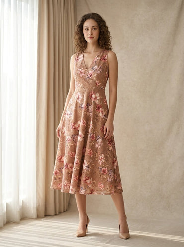 Floral Wrap-Neck Fit & Flare Dress - GAIIA