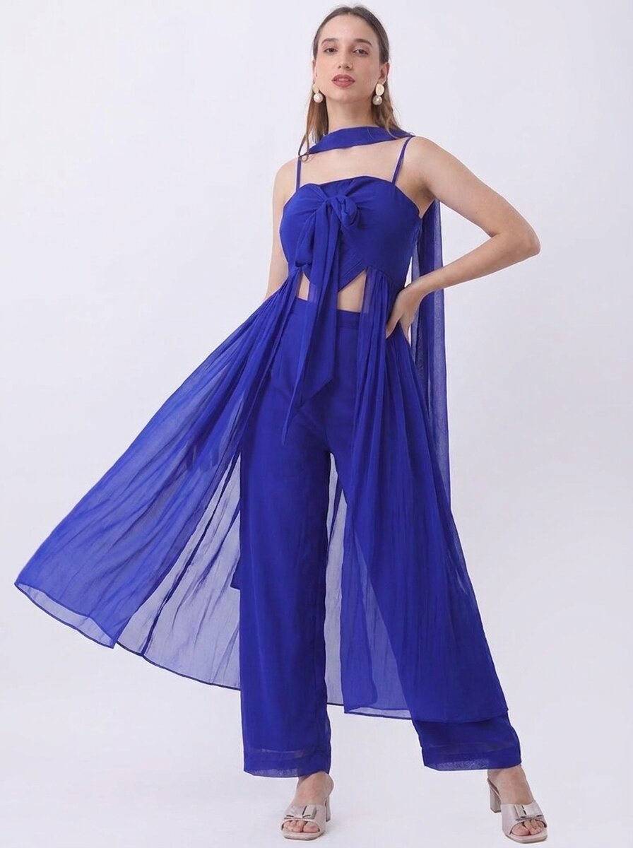 Gaiia 3-Piece Set With Sheer Overlay - Blue - GAIIA