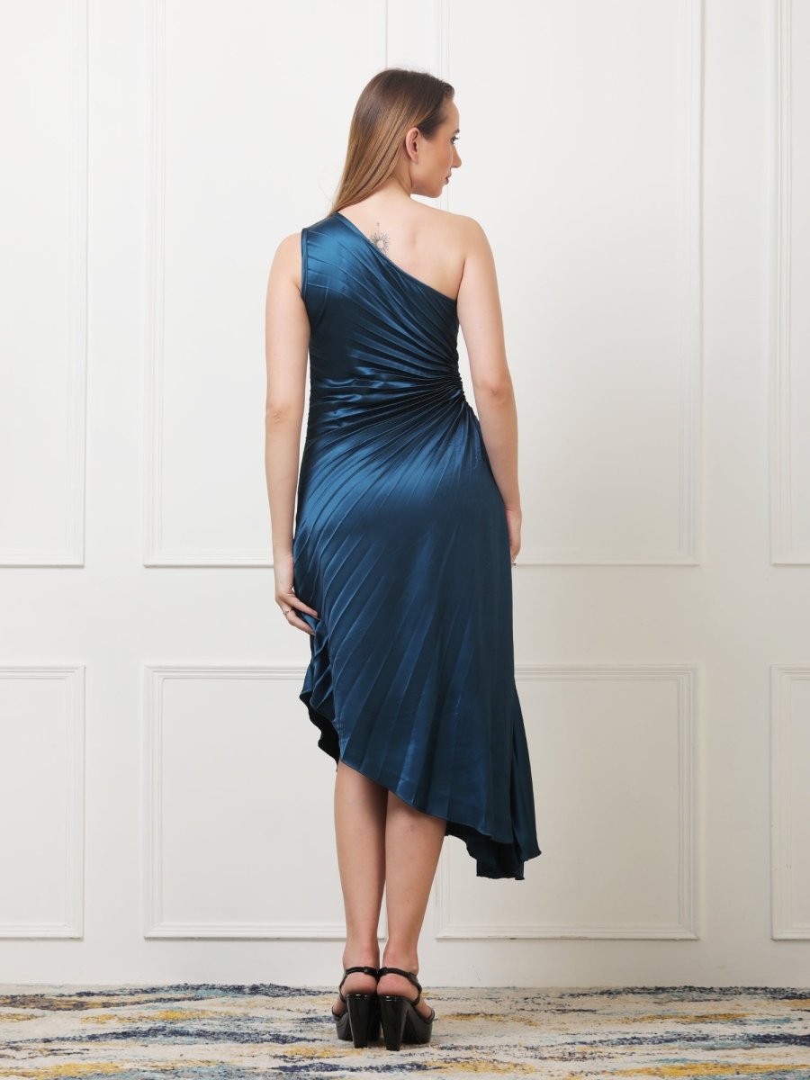 Gaiia Asymmetrical Pleated Dress - Teal - GAIIA