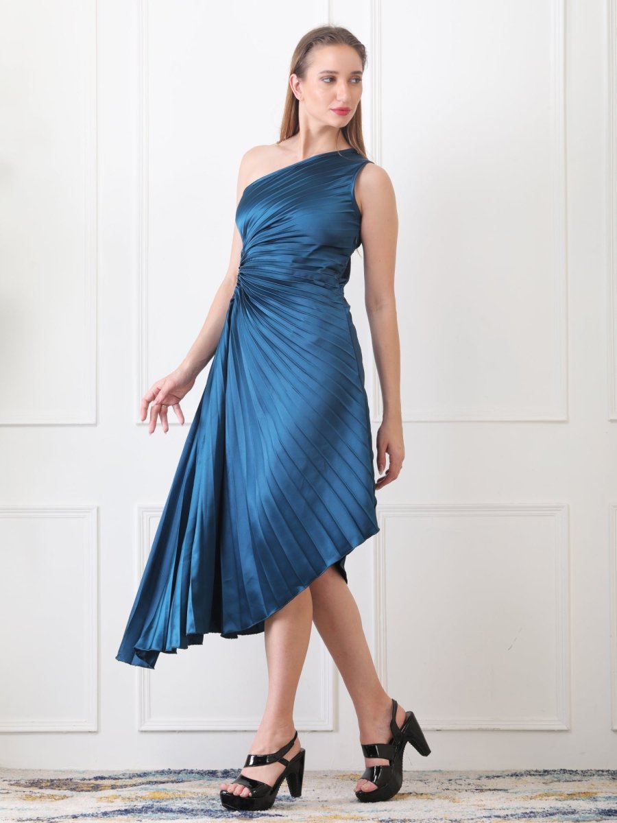 Gaiia Asymmetrical Pleated Dress - Teal - GAIIA