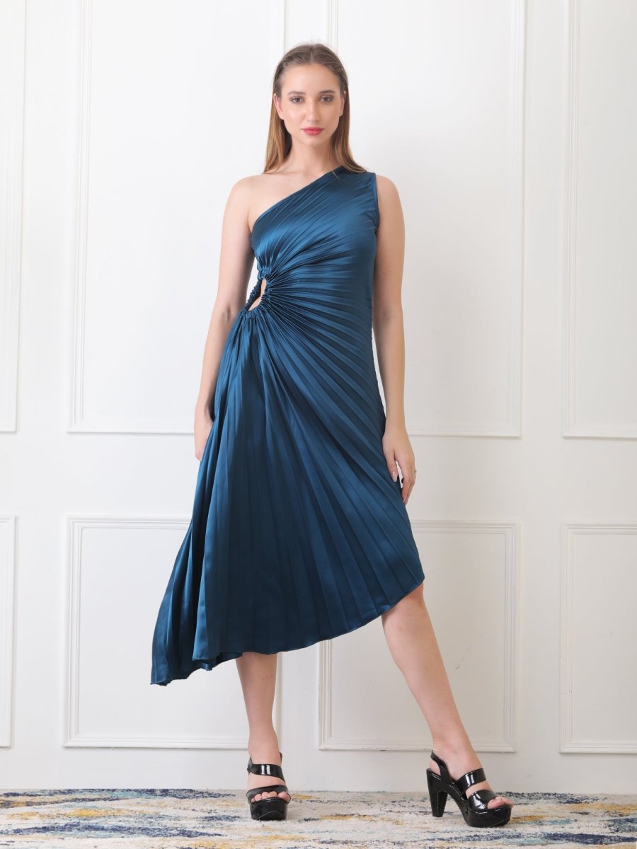Gaiia Asymmetrical Pleated Dress - Teal - GAIIA