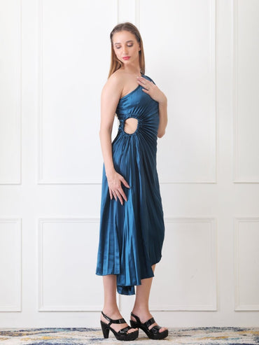 Gaiia Asymmetrical Pleated Dress - Teal - GAIIA