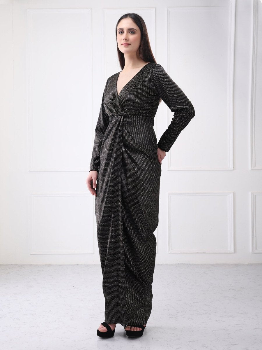 Gaiia Black Shimmer Metallic Wrap Maxi Dress - GAIIA