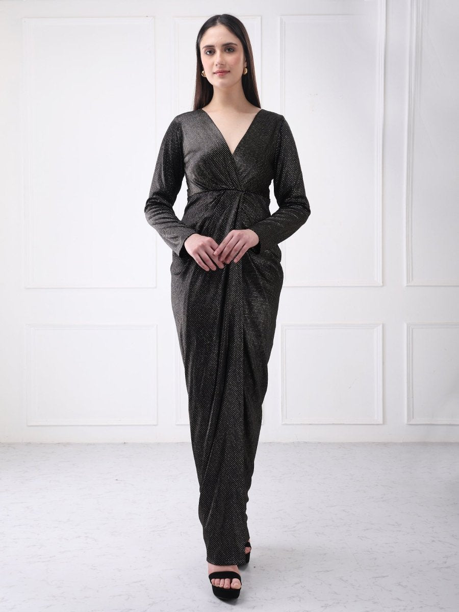 Gaiia Black Shimmer Metallic Wrap Maxi Dress - GAIIA
