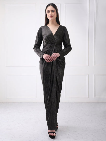Gaiia Black Shimmer Metallic Wrap Maxi Dress - GAIIA