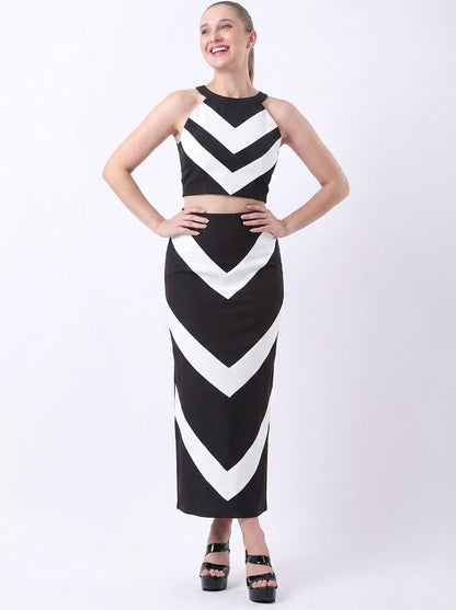 Gaiia Chevron-Stripe Two-Piece Maxi Set - Black - GAIIA