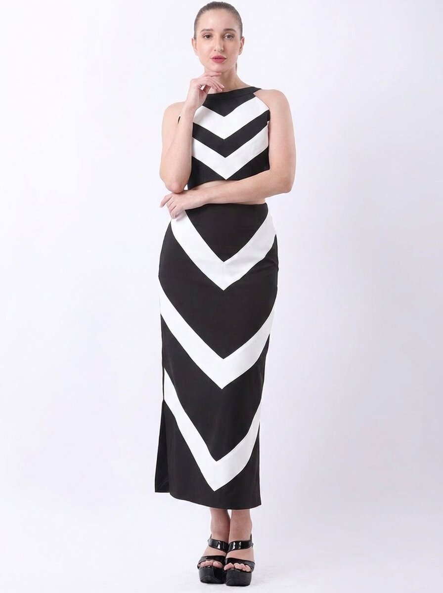 Gaiia Chevron-Stripe Two-Piece Maxi Set - Black - GAIIA