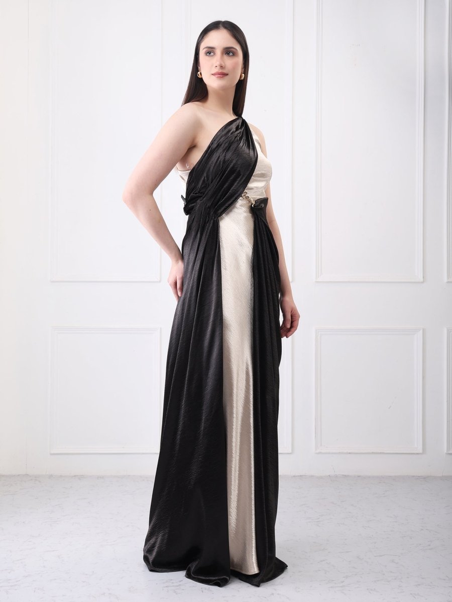 Gaiia Contrast Satin Drape Solid Maxi Dress - GAIIA