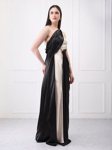 Gaiia Contrast Satin Drape Solid Maxi Dress - GAIIA