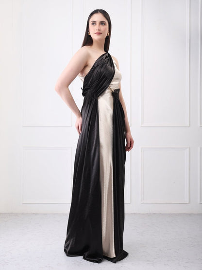 Gaiia Contrast Satin Drape Solid Maxi Dress - GAIIA