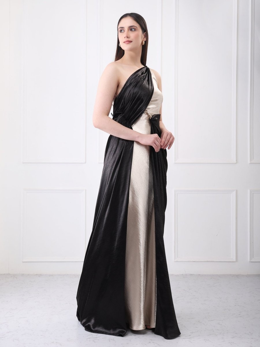 Gaiia Contrast Satin Drape Solid Maxi Dress - GAIIA
