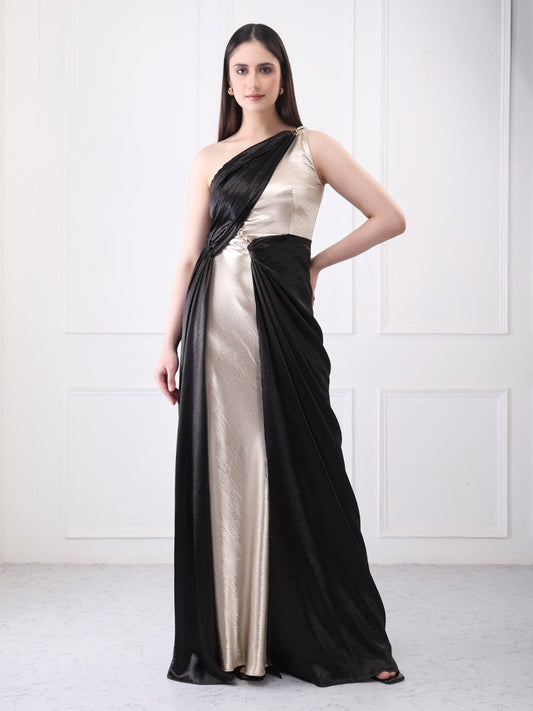 Gaiia Contrast Satin Drape Solid Maxi Dress - GAIIA