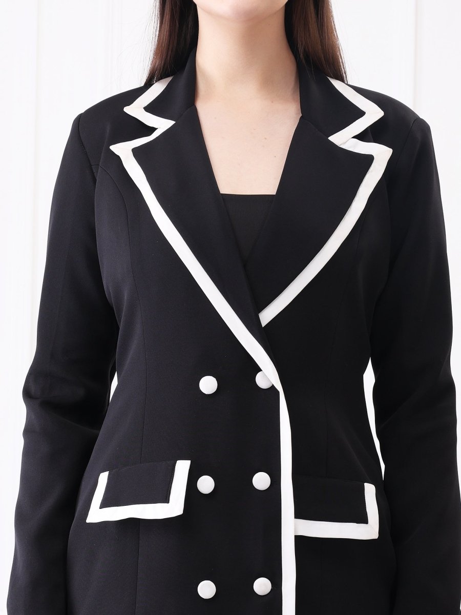 Gaiia Contrast Trim Solid Blazer Style Midi Dress - GAIIA