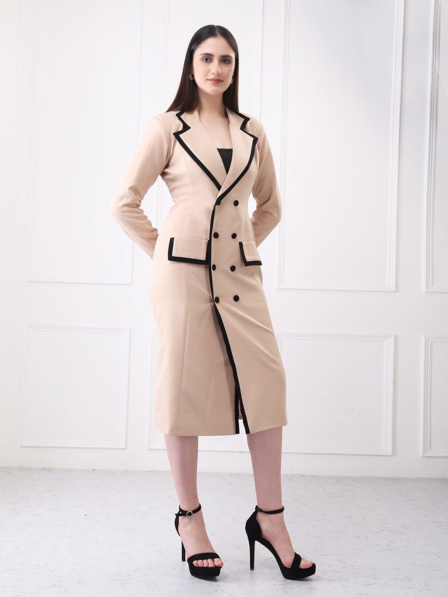 Gaiia Contrast Trim Solid Blazer Style Midi Dress - GAIIA