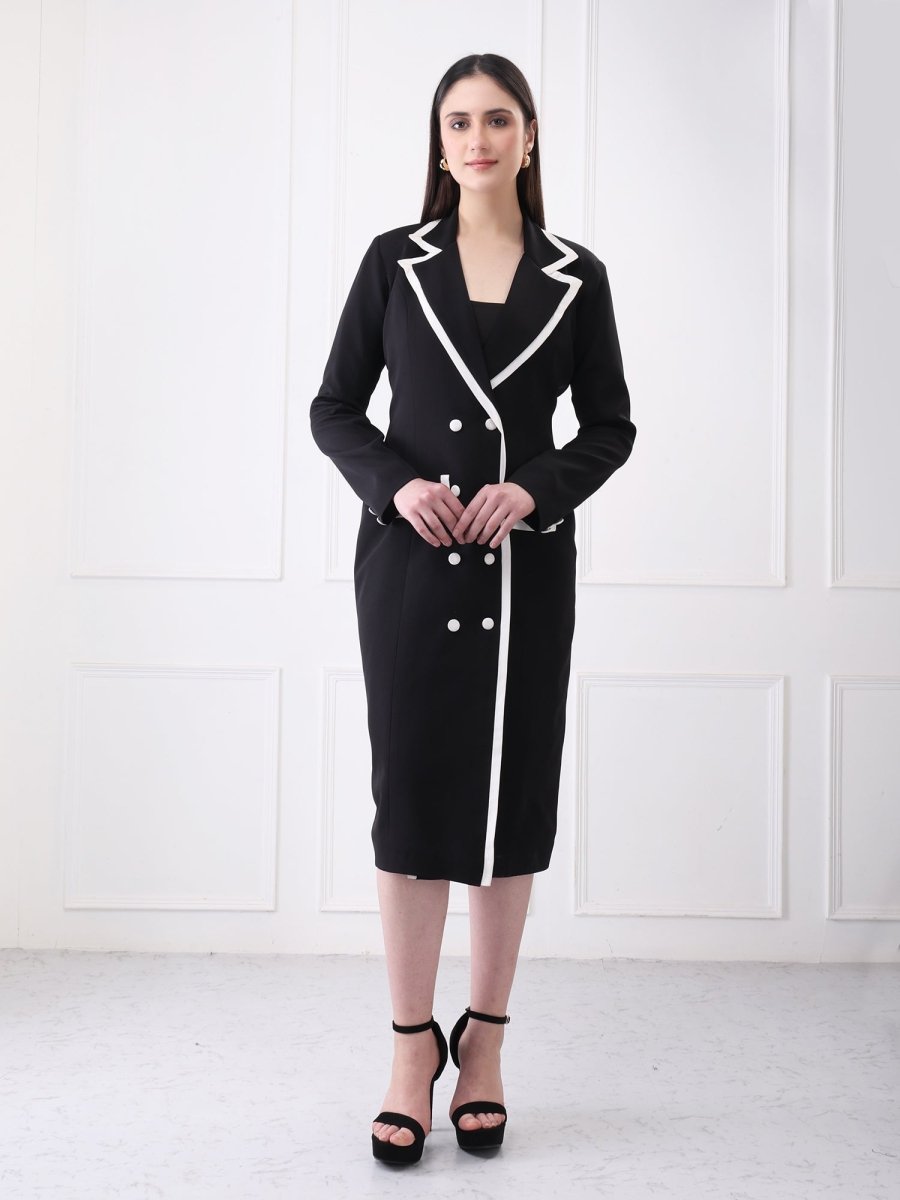 Gaiia Contrast Trim Solid Blazer Style Midi Dress - GAIIA