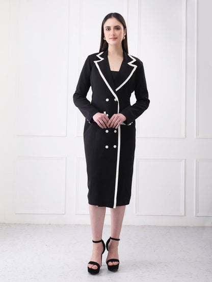 Gaiia Contrast Trim Solid Blazer Style Midi Dress - GAIIA