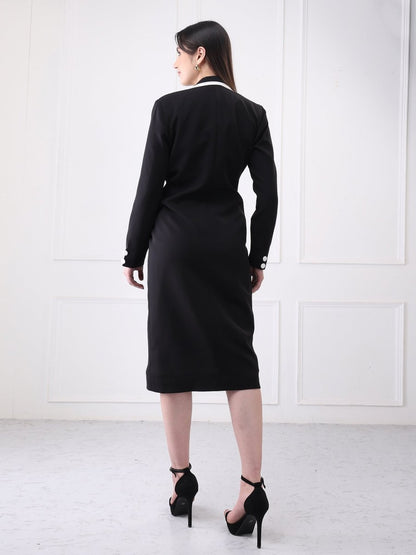 Gaiia Contrast Trim Solid Blazer Style Midi Dress - GAIIA