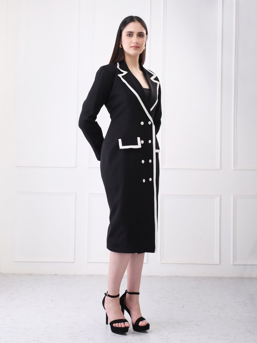 Gaiia Contrast Trim Solid Blazer Style Midi Dress - GAIIA