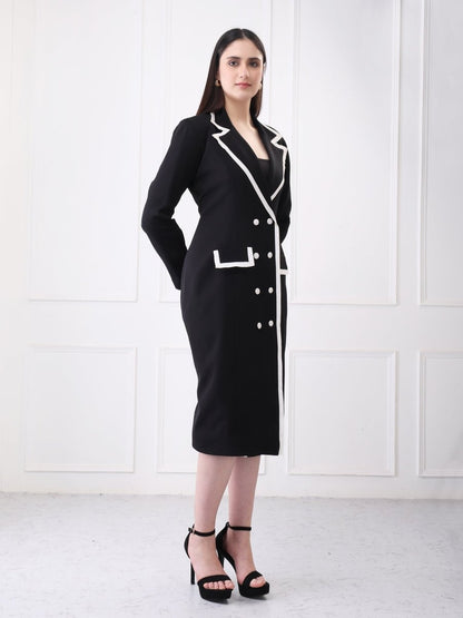 Gaiia Contrast Trim Solid Blazer Style Midi Dress - GAIIA