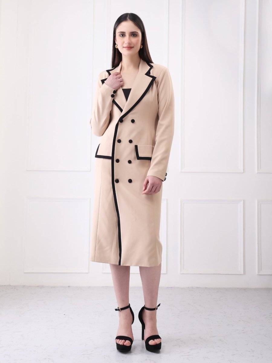 Gaiia Contrast Trim Solid Blazer Style Midi Dress - GAIIA