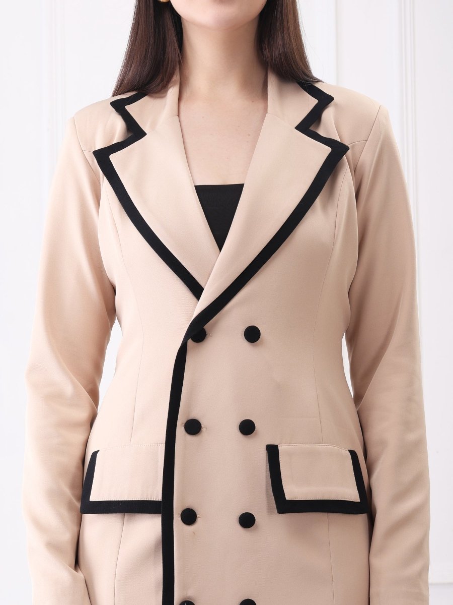 Gaiia Contrast Trim Solid Blazer Style Midi Dress - GAIIA