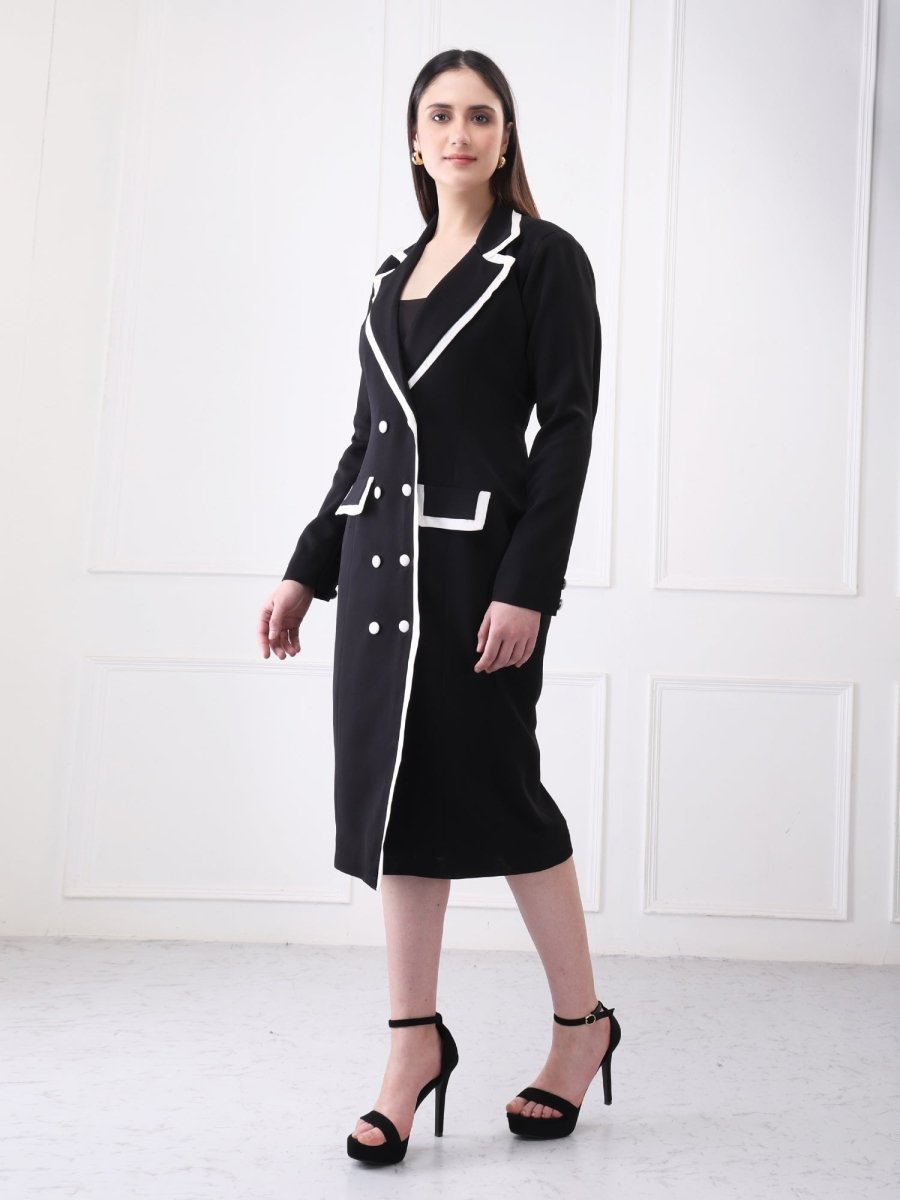 Gaiia Contrast Trim Solid Blazer Style Midi Dress - GAIIA