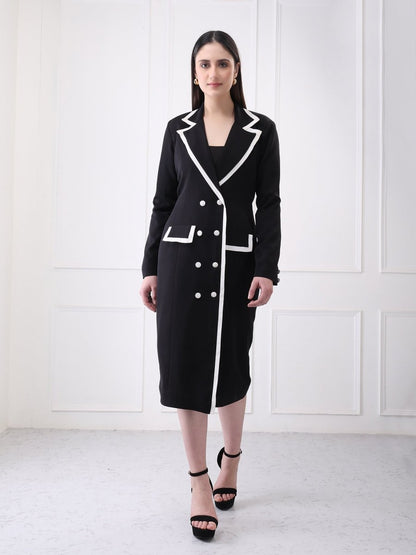 Gaiia Contrast Trim Solid Blazer Style Midi Dress - GAIIA