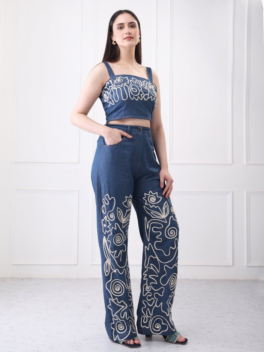 Gaiia Floral Embroided Denim Co - Ord Set - GAIIA