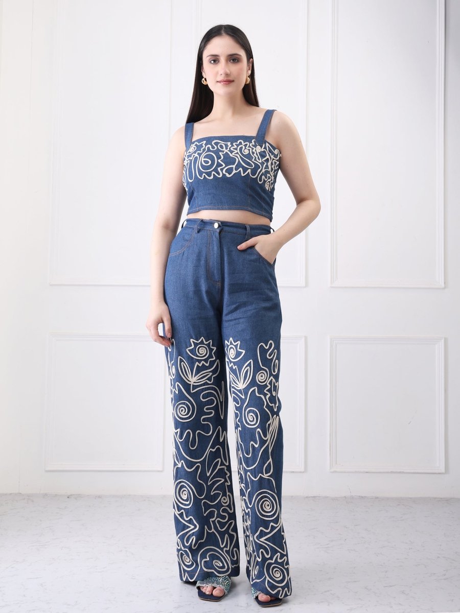 Gaiia Floral Embroided Denim Co - Ord Set - GAIIA