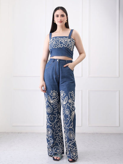 Gaiia Floral Embroided Denim Co - Ord Set - GAIIA