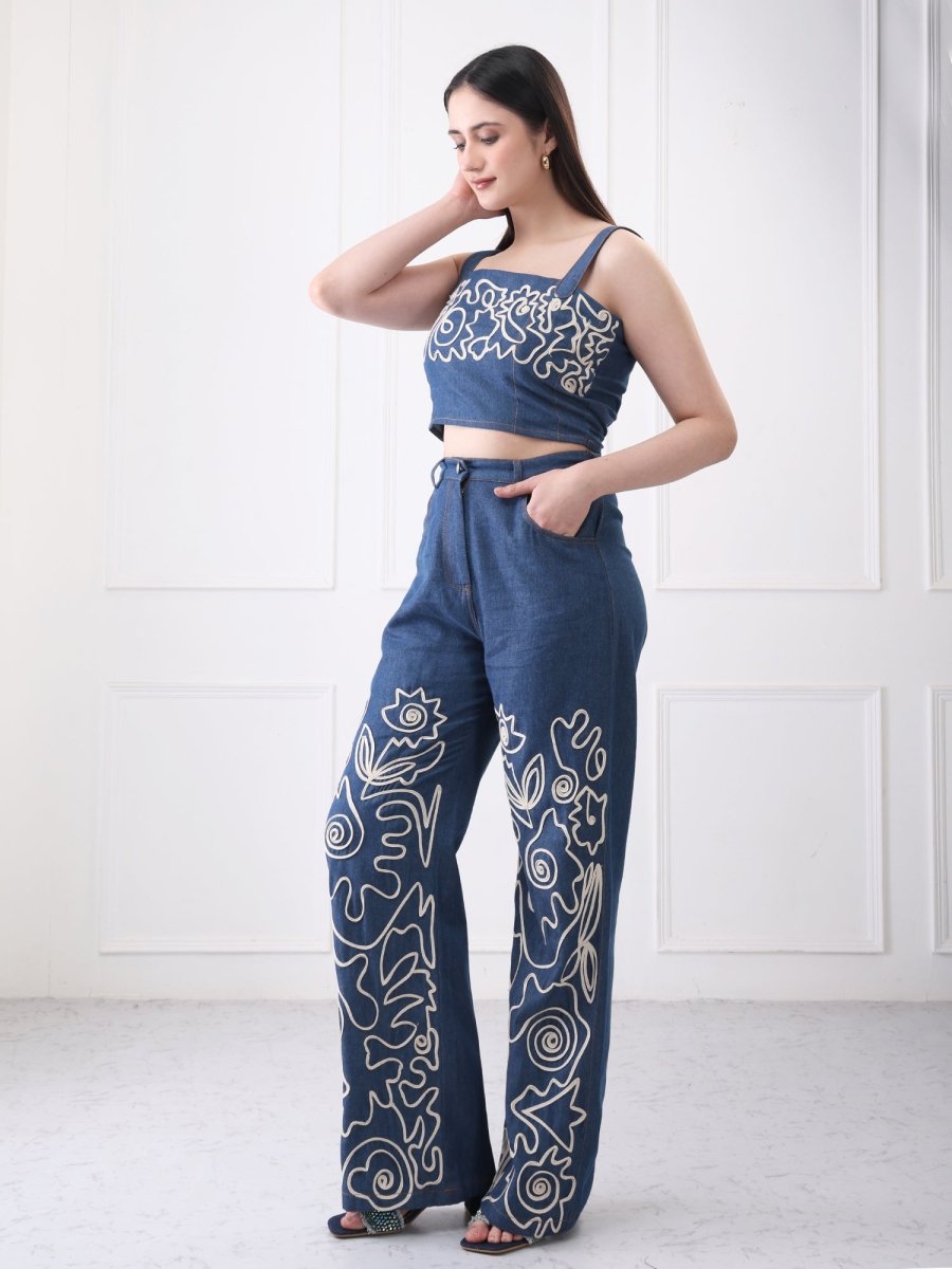 Gaiia Floral Embroided Denim Co - Ord Set - GAIIA