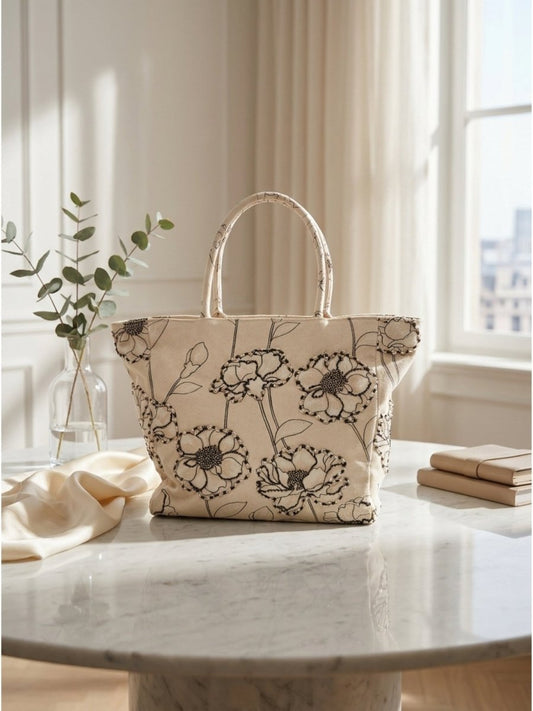 Gaiia Floral Embroidered Tote – Black & White Bloom - GAIIA