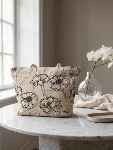 Gaiia Floral Embroidered Tote – Black & White Bloom - GAIIA