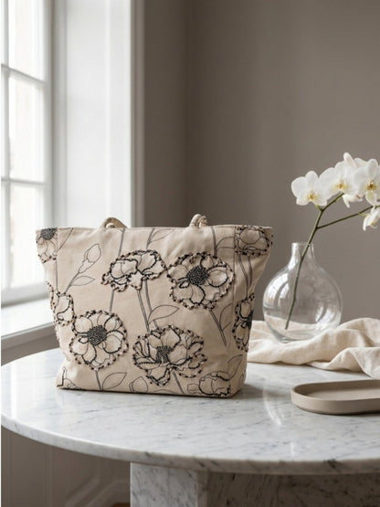 Gaiia Floral Embroidered Tote – Black & White Bloom - GAIIA