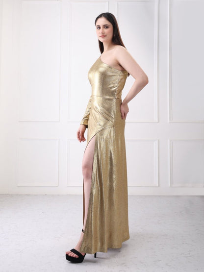 Gaiia Gold One Shoulder Metallic Lycra Long Slit Maxi Dress - GAIIA