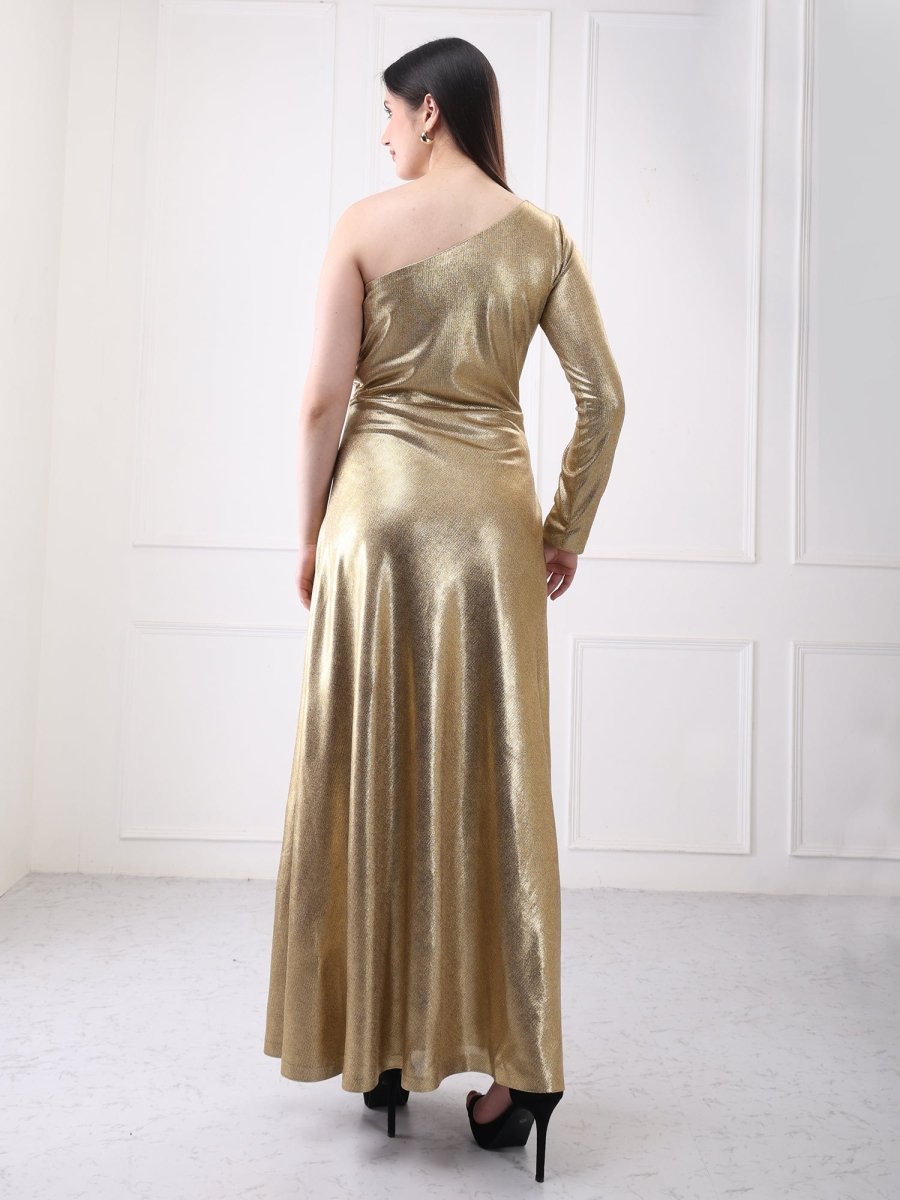 Gaiia Gold One Shoulder Metallic Lycra Long Slit Maxi Dress - GAIIA