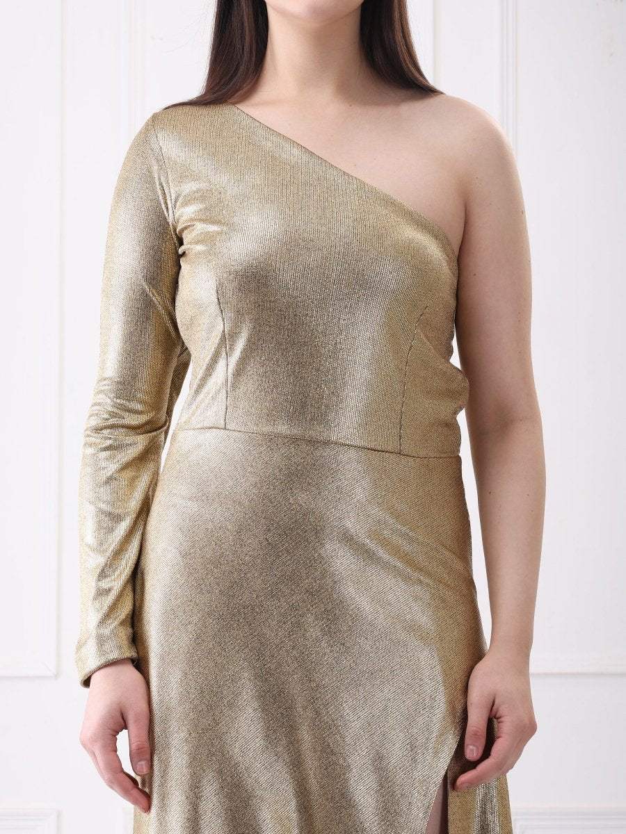 Gaiia Gold One Shoulder Metallic Lycra Long Slit Maxi Dress - GAIIA