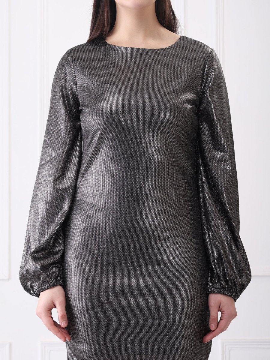 Gaiia Metallic Lycra Crew Neck Solid Mini Dress - GAIIA