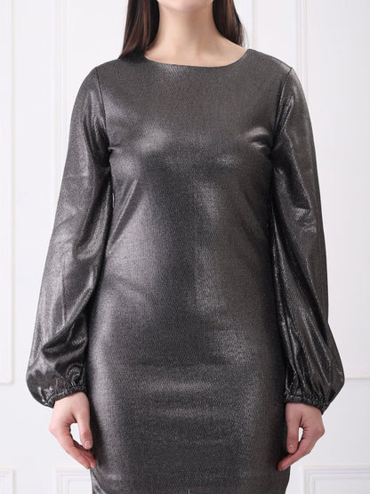 Gaiia Metallic Lycra Crew Neck Solid Mini Dress - GAIIA