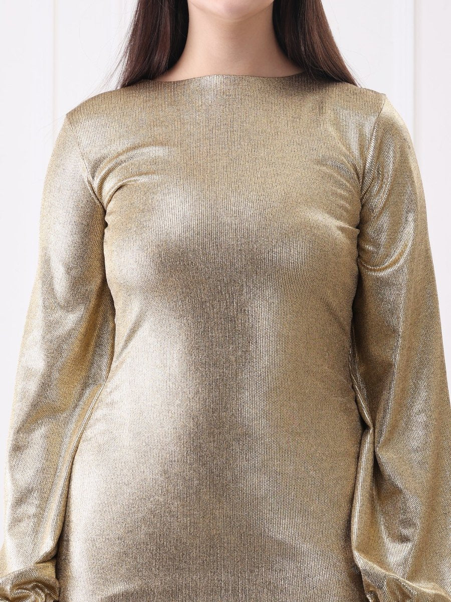 Gaiia Metallic Lycra Crew Neck Solid Mini Dress - GAIIA