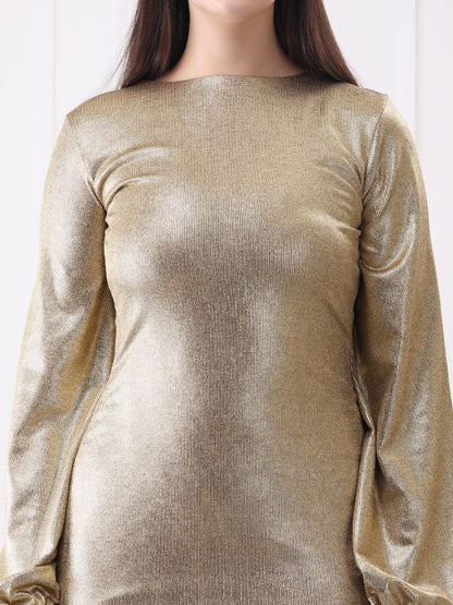 Gaiia Metallic Lycra Crew Neck Solid Mini Dress - GAIIA
