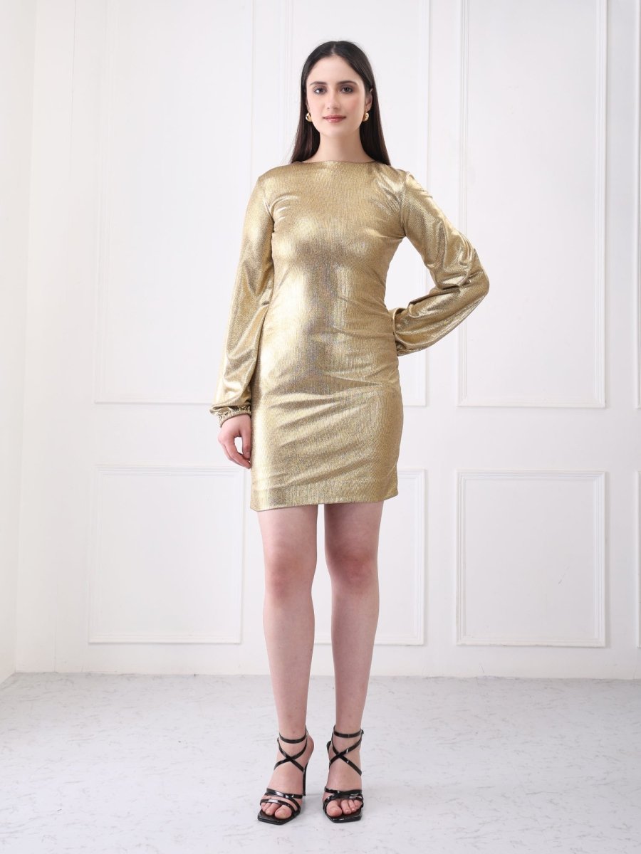 Gaiia Metallic Lycra Crew Neck Solid Mini Dress - GAIIA